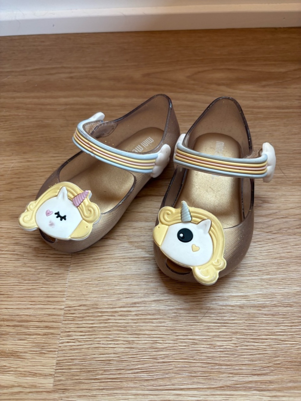 Mini Melissa Girls Metallic Gold Unicorn Mary Jane Shoes